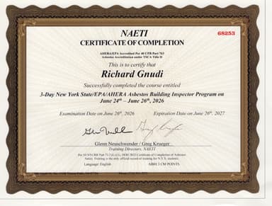 NAETI AHERA/EPA Asbestos Building Inspector Certificate — Richard Gnudi, Credential 68253